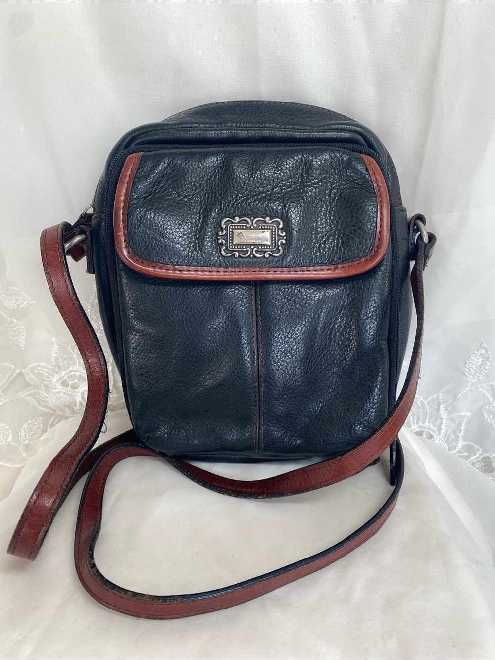 Fossil Black Leather Messenger Bag with Brown Trim